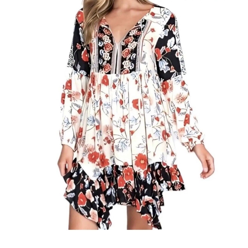 Patrons of Peace‎ Floral Print Long Sleeve Bohemian Mini Dress Size S *FLAWS